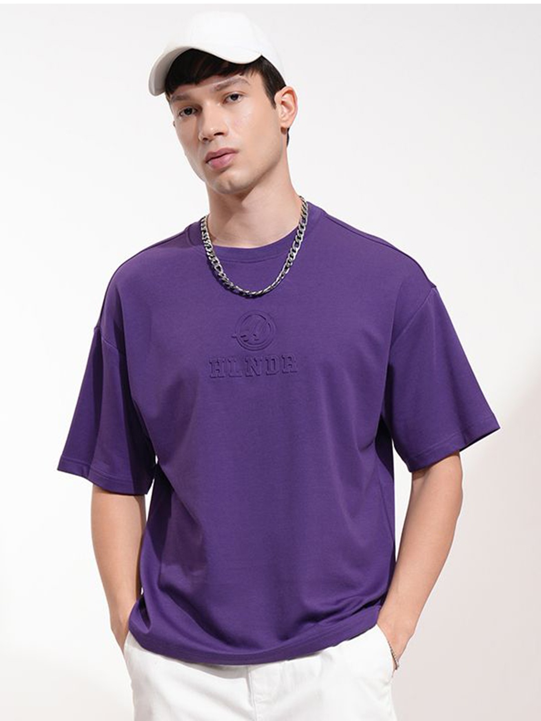 

HIGHLANDER Men Self Design Round Neck Cotton Oversized T-shirt, Purple