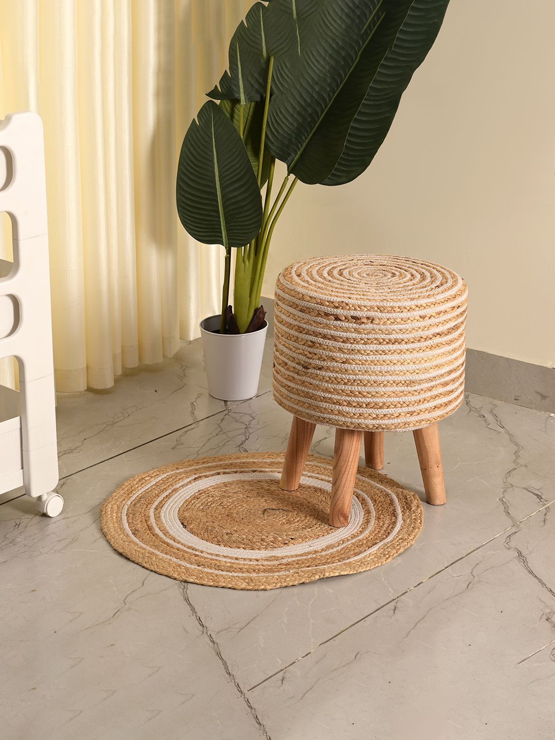 

Kuber Industries Brown & White 2 Pieces Ottoman Stool With Doormat