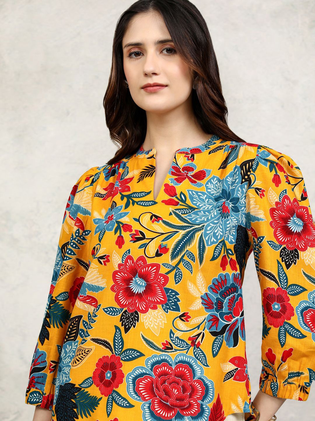 

Vishudh Women Floral Printed Mandarin Collar Cotton Top, Mustard