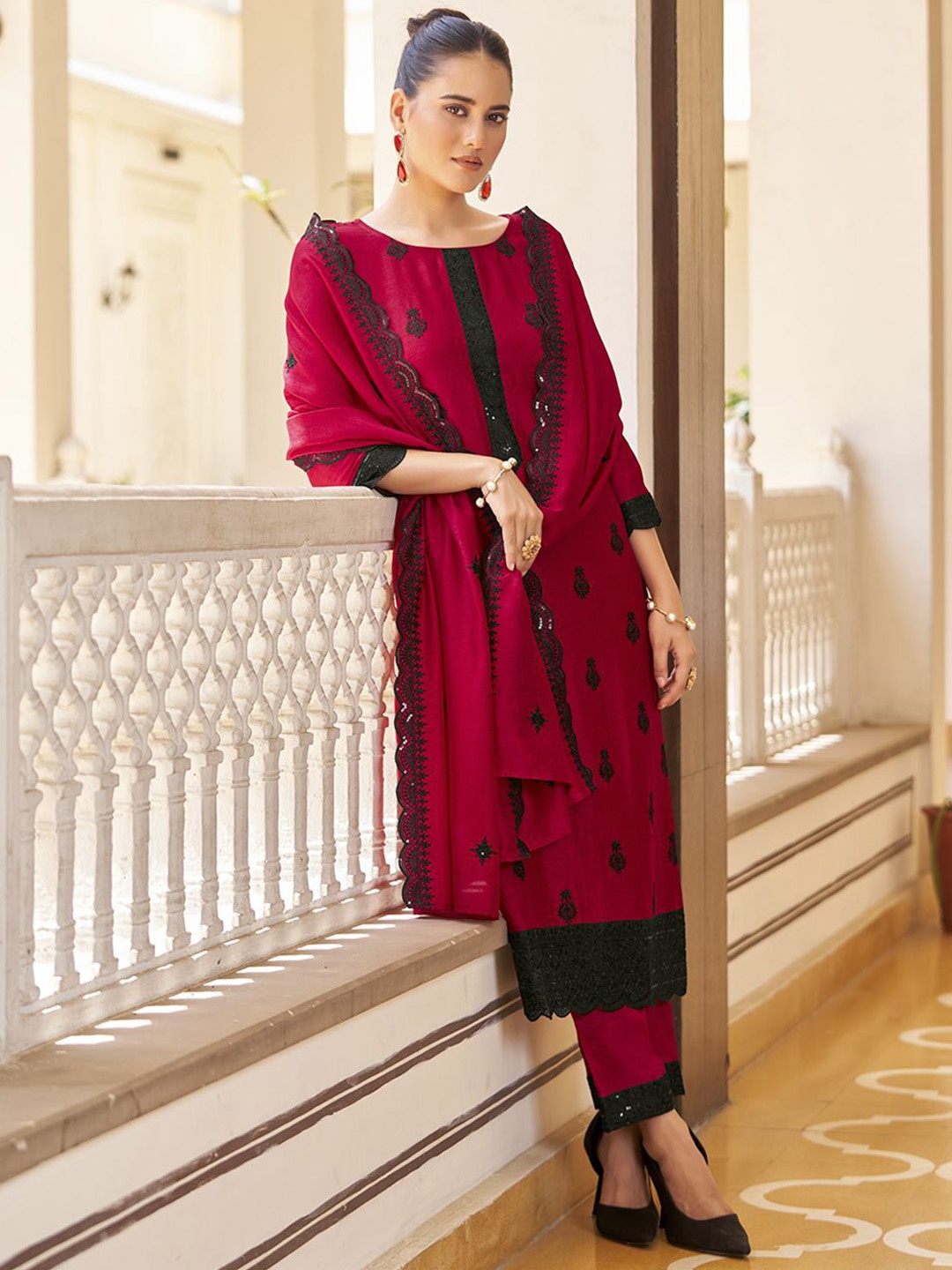 

KALINI Floral Embroidered Straight Kurta with Trousers & Dupatta, Red