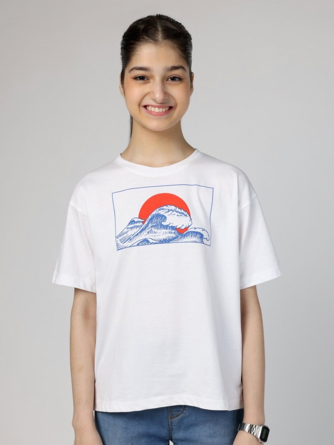 

Wakia Girls Graphic Printed Round Neck Organic Cotton T-shirt, White