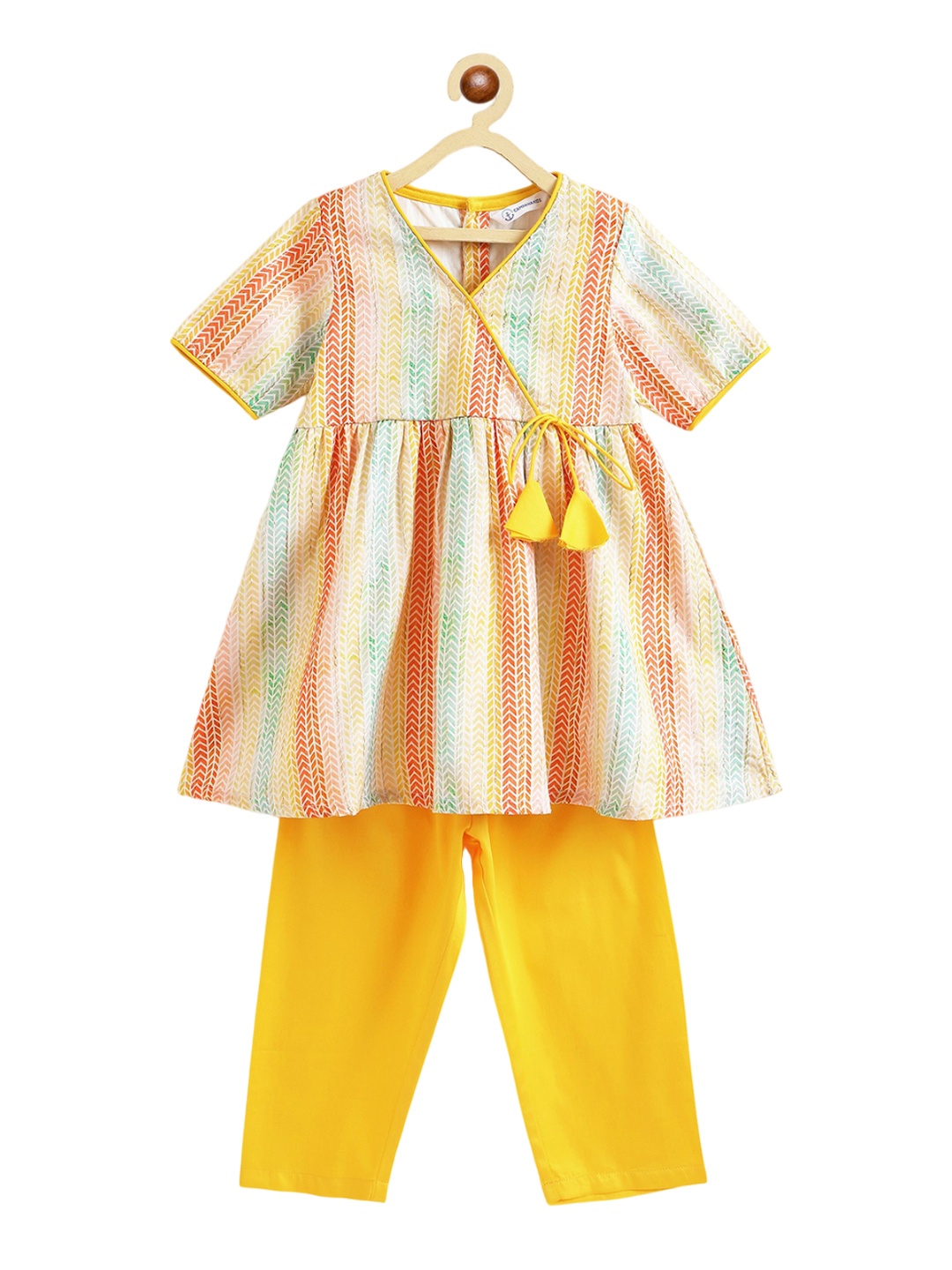 

Campana Girls Striped Printed Angrakha Anarkali Kurta with Trousers, Yellow