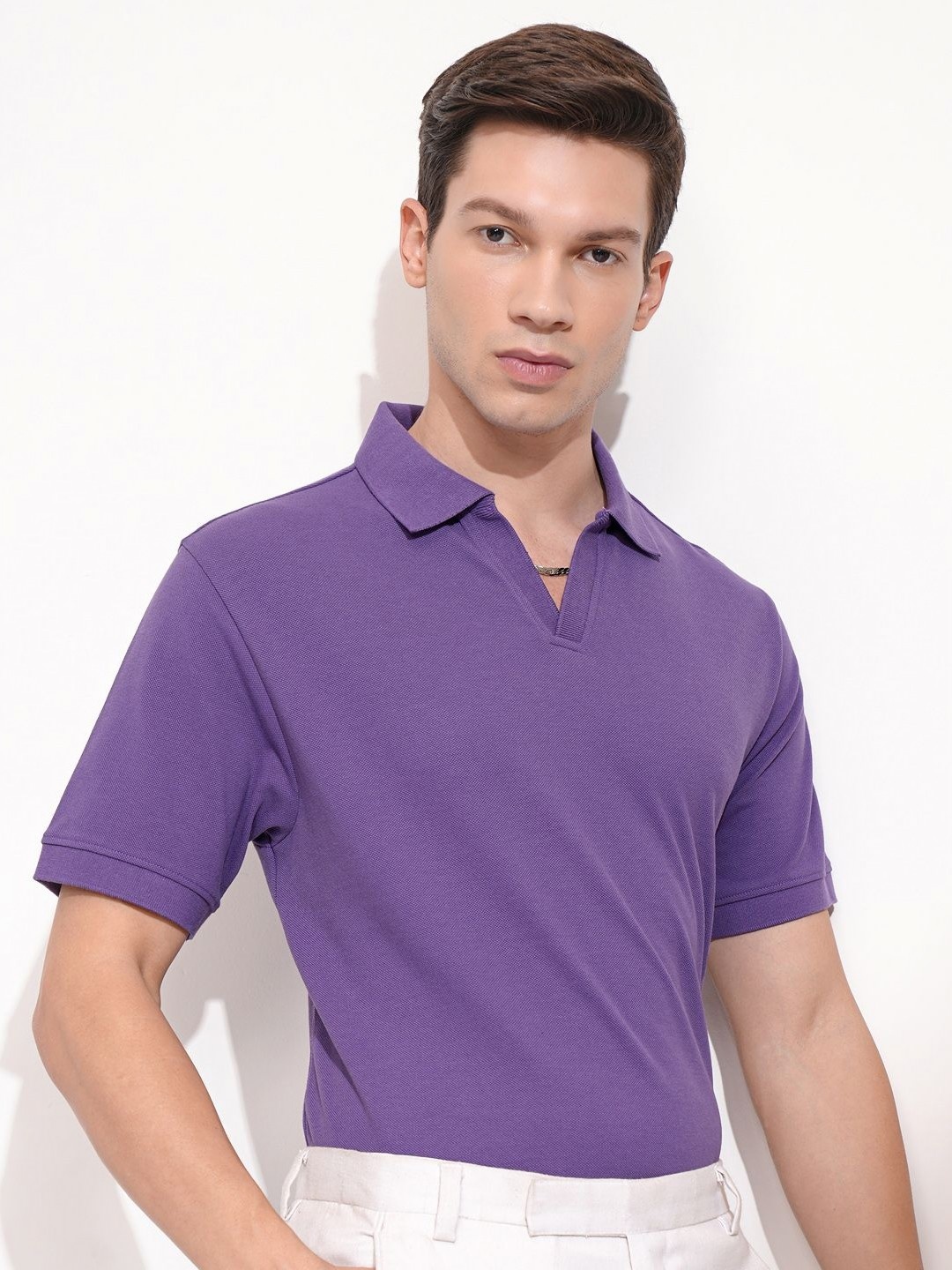 

HIGHLANDER Men Solid Polo Collar Cotton Relaxed Fit T-shirt, Purple