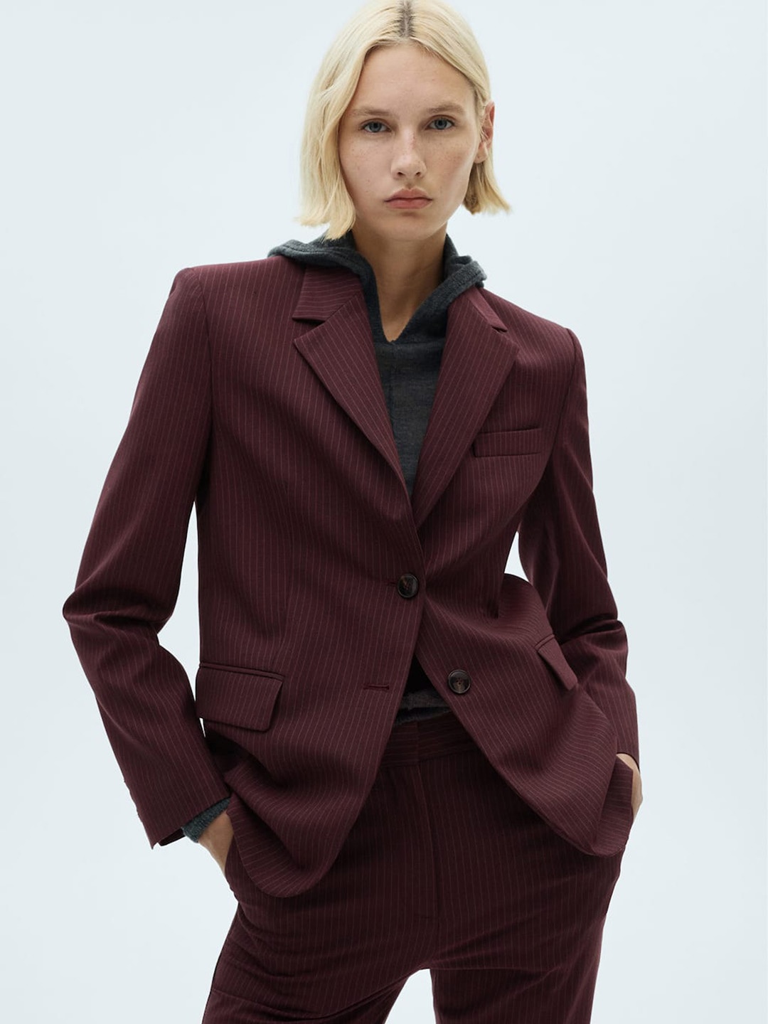 

MANGO Striped Notched Lapel Collar Single-Breasted Blazer, Maroon