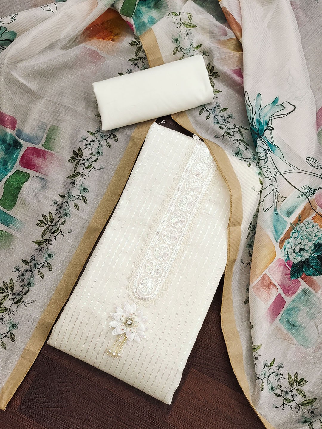 

MANVAA Embellished Unstitched Dress Material, White