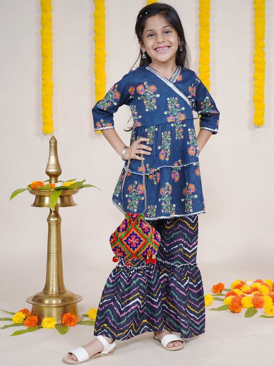 

KiddoPanti Girls Floral Printed Pure Cotton A Line Kurta with Sharara, Blue