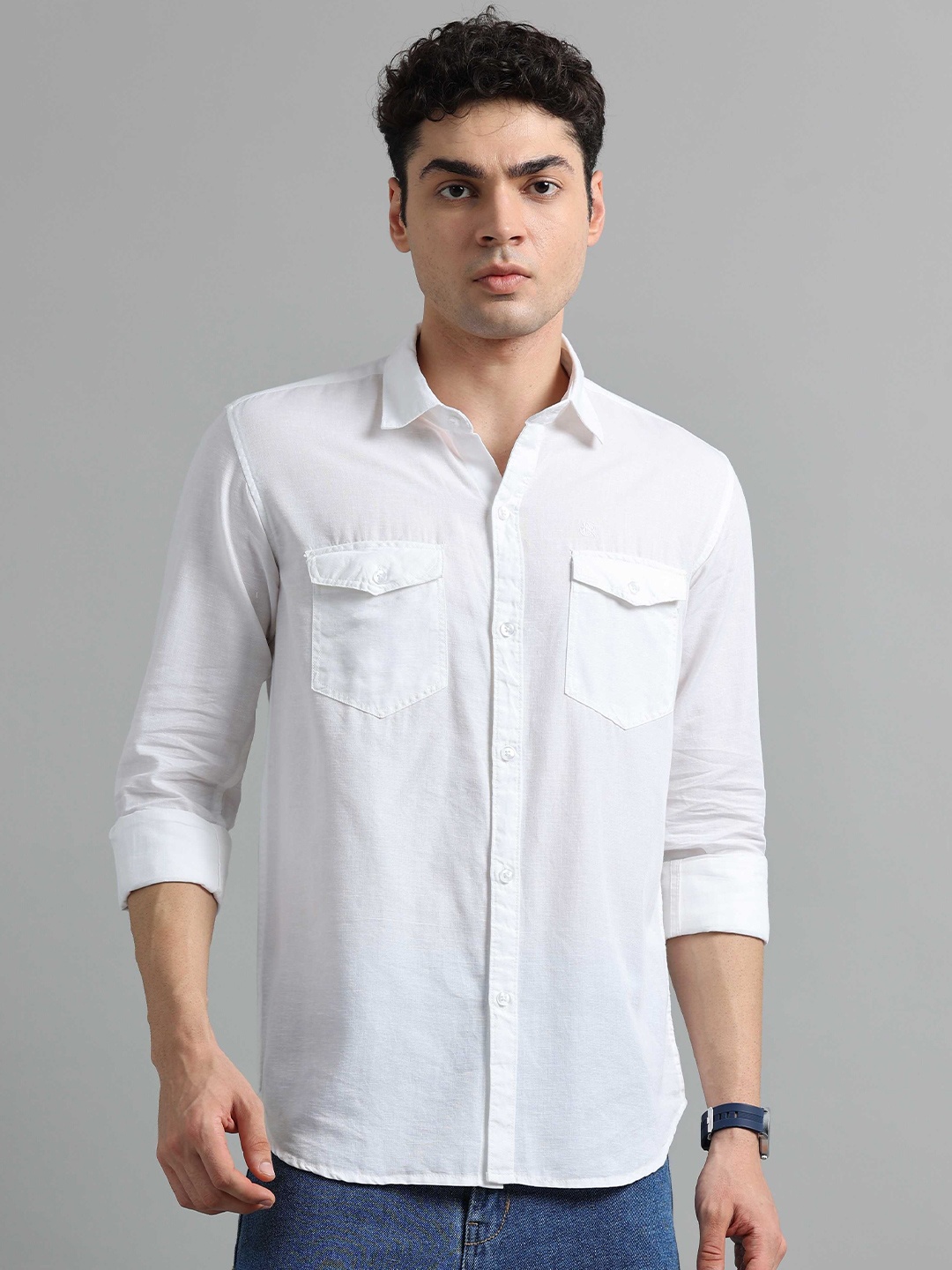 

SORATIA Men Spread Collar Solid Cotton Linen Casual Shirt, White