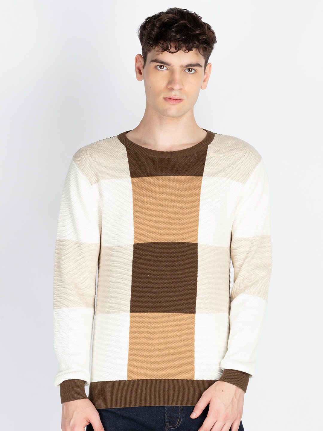 

Status Quo Men Colourblocked Round Neck Cotton Pullover Sweater, Beige