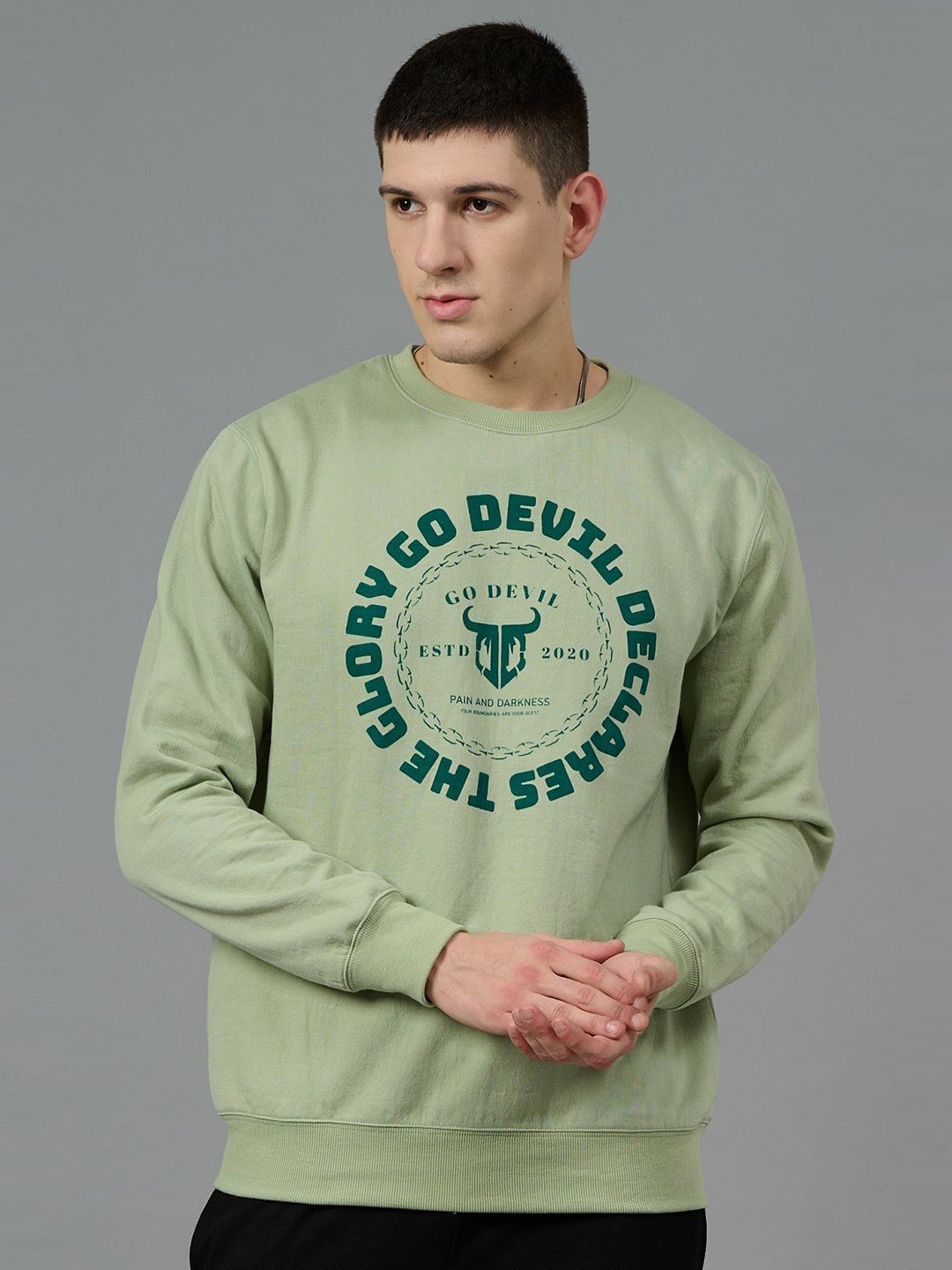 

GO DEVIL Men Printed Pullover Sweatshirt, Sea green
