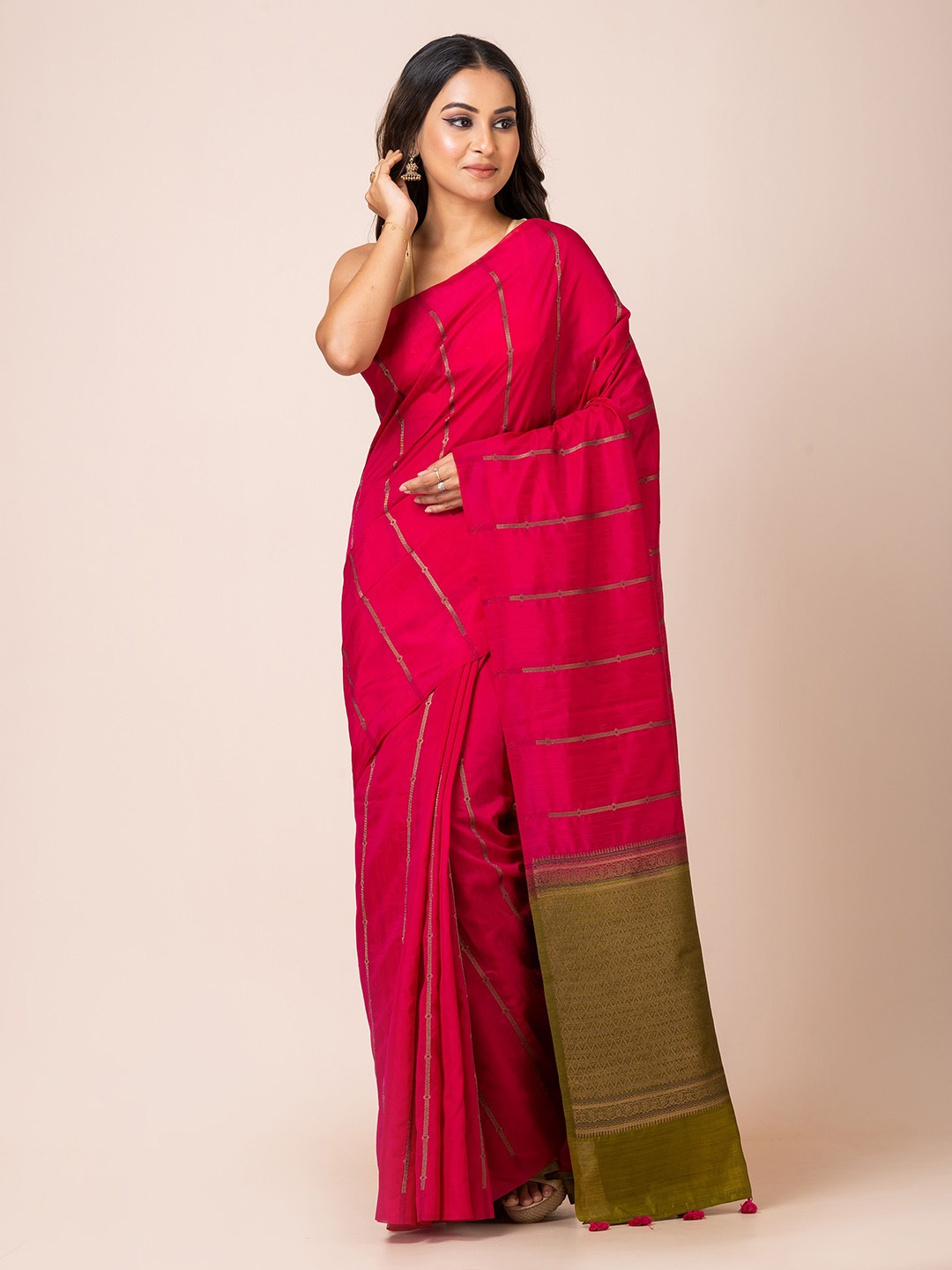 

KAVVYA Striped Woven Design Zari Banarasi Saree, Pink