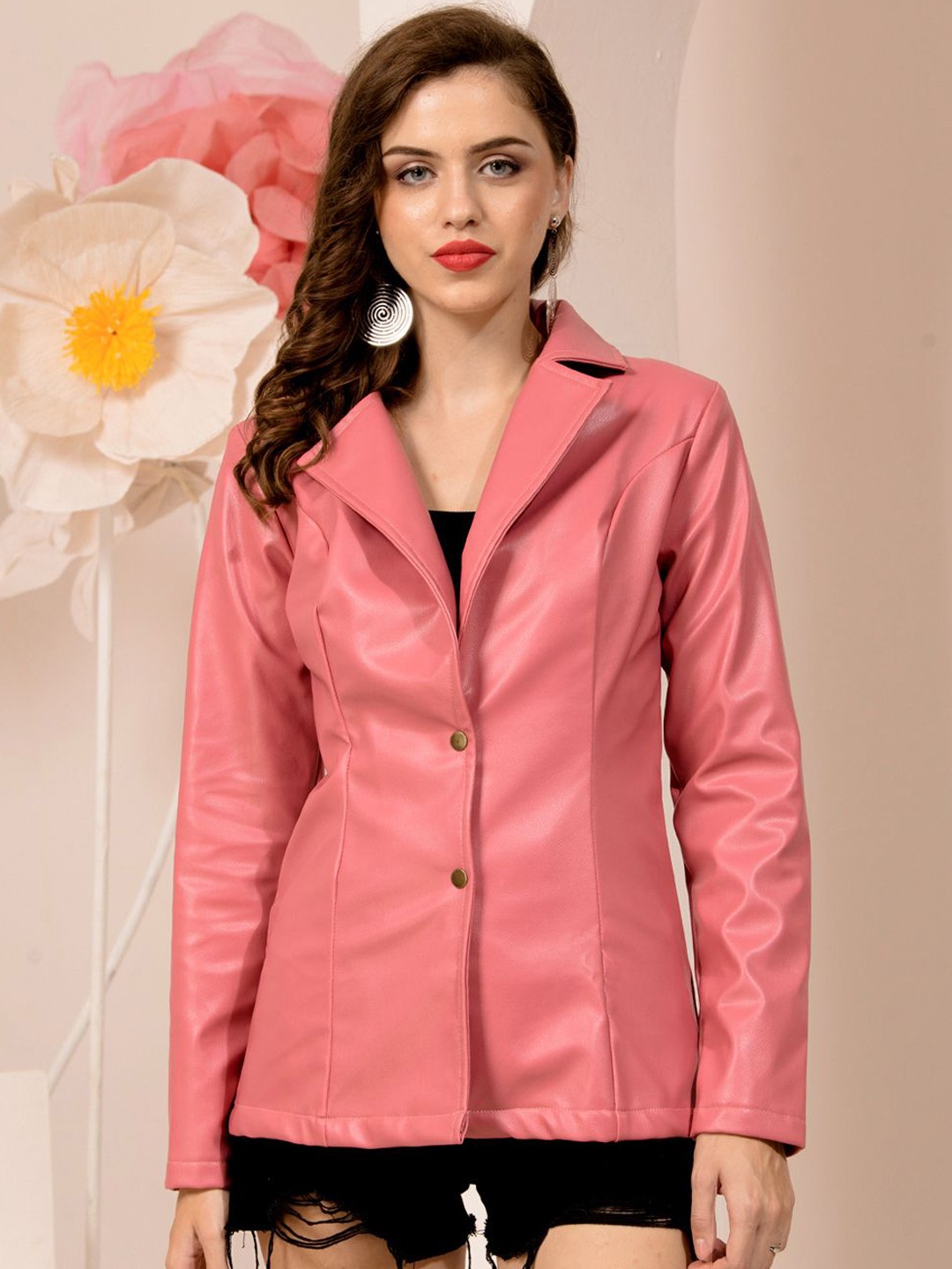 

BAESD Notched Lapel Leather Single Breasted Blazer, Pink