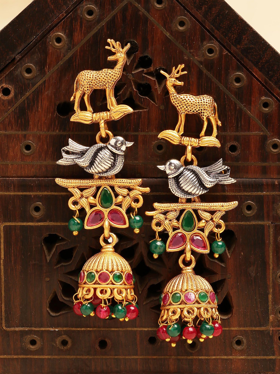 

KARATCART Antique Gold Plated Kundan Studded & Beaded Deer Design Tribal Drop Earrings