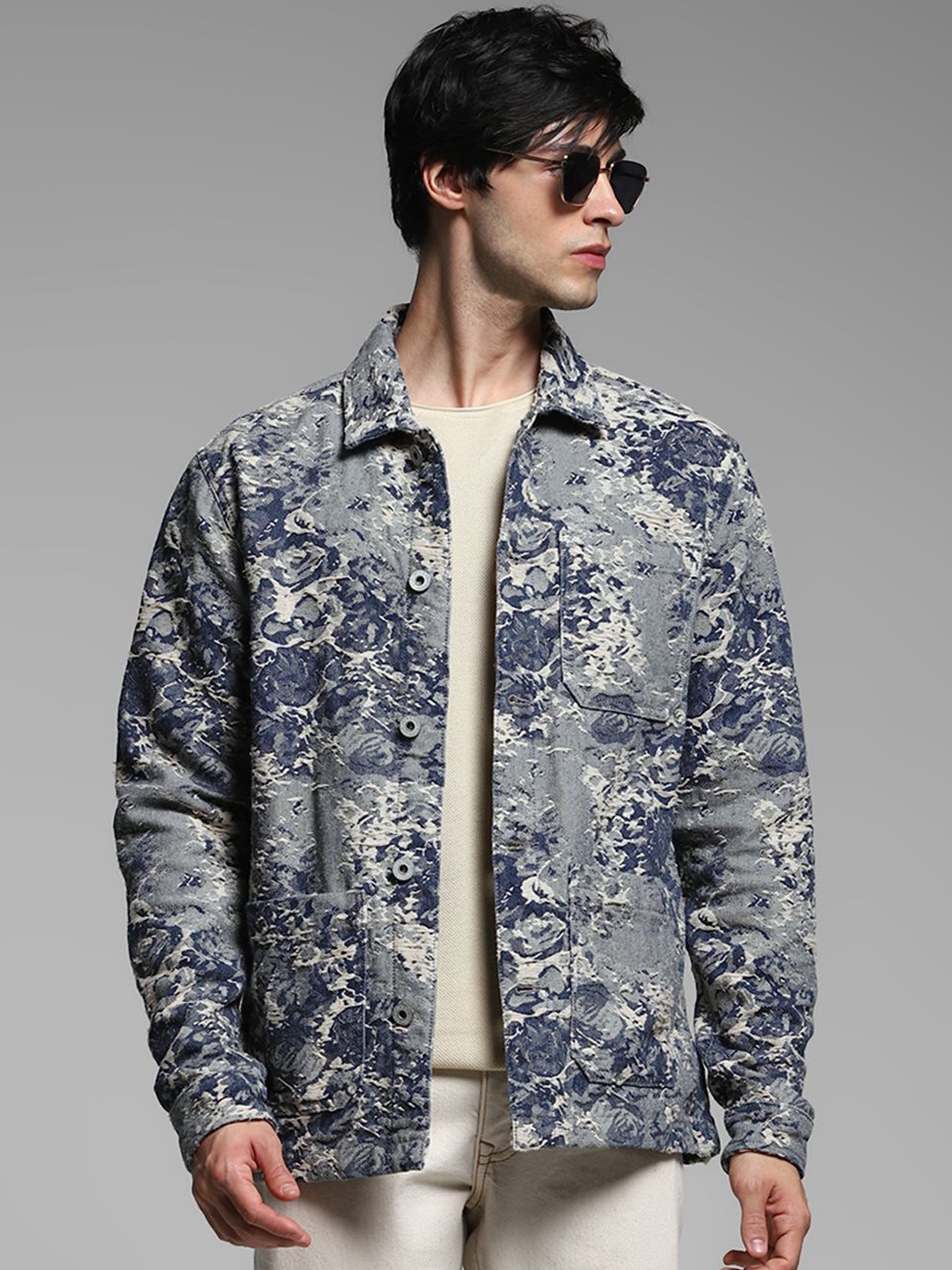 

Jack & Jones Men Spread Collar Camouflage Printed Cotton Casual Tailored Jacket, Grey