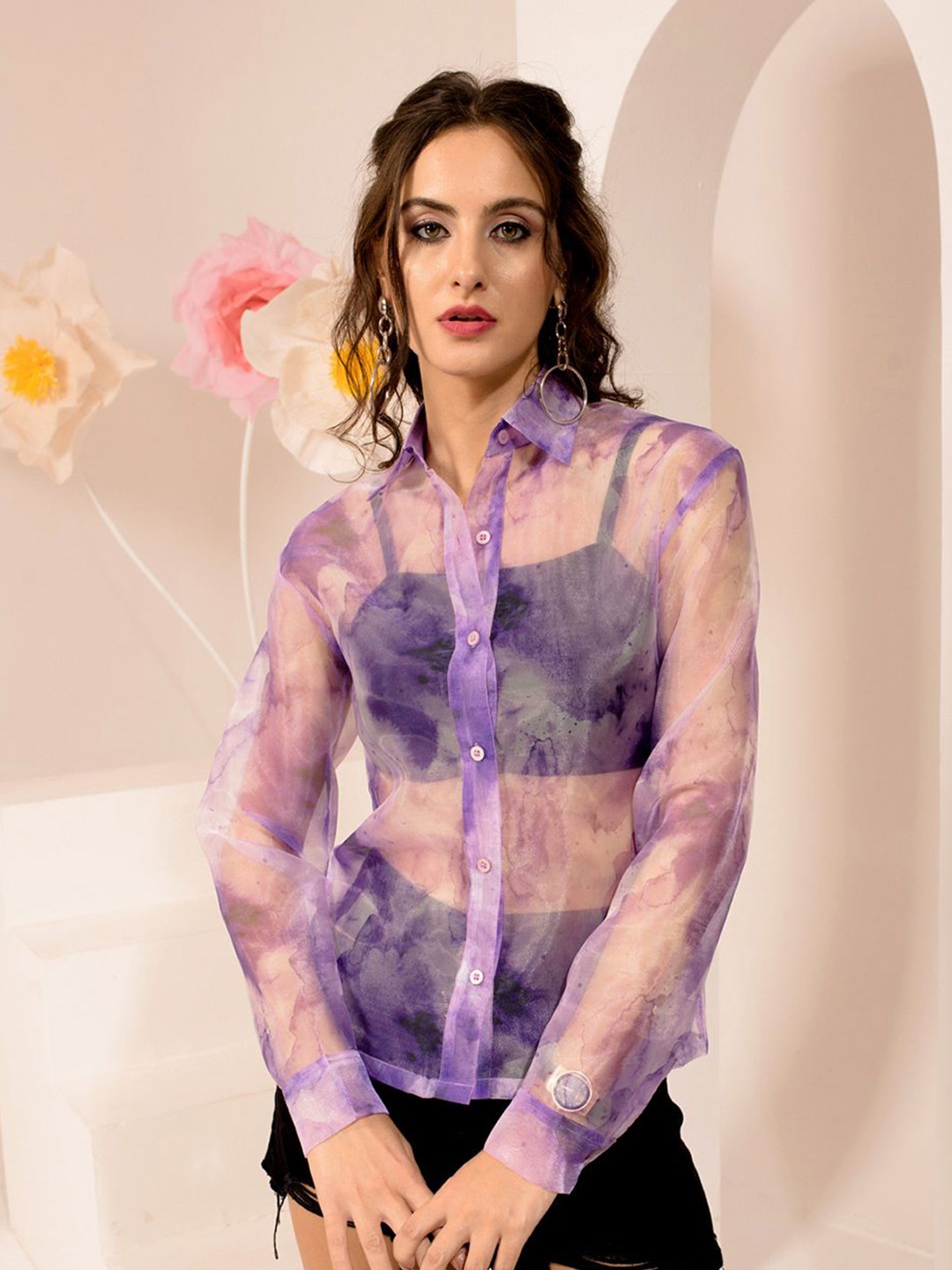 

BAESD Women Standard Spread Collar Faded Casual Shirt, Purple