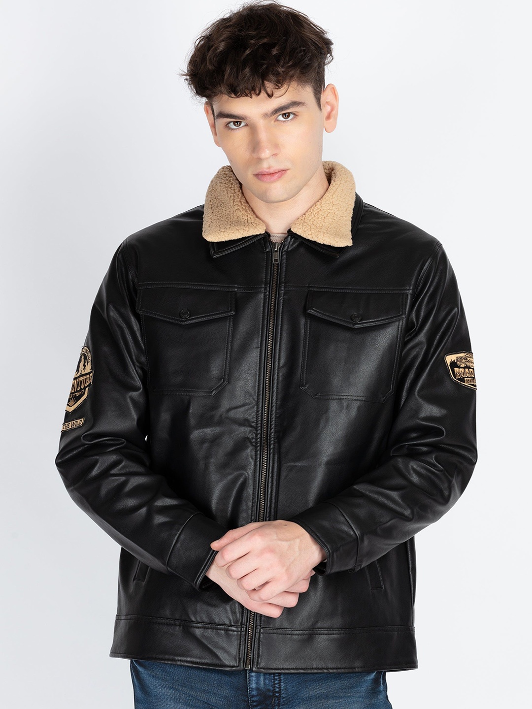 

Status Quo Men Spread Collar Solid Casual Leather Jacket, Black