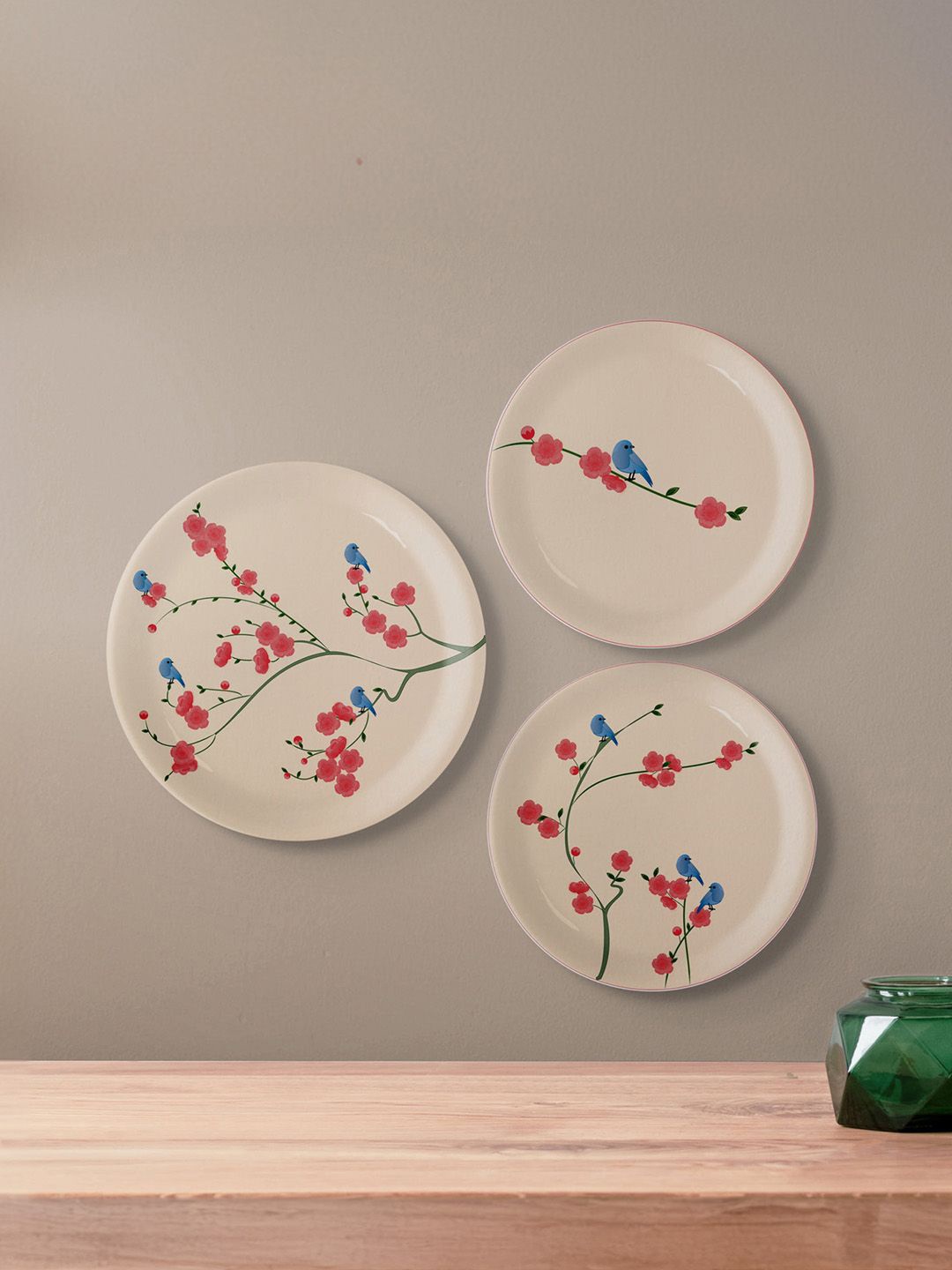 

nestroots Nature Art Beige & Red Floral Printed Round Shaped 3 piece Wall Plates