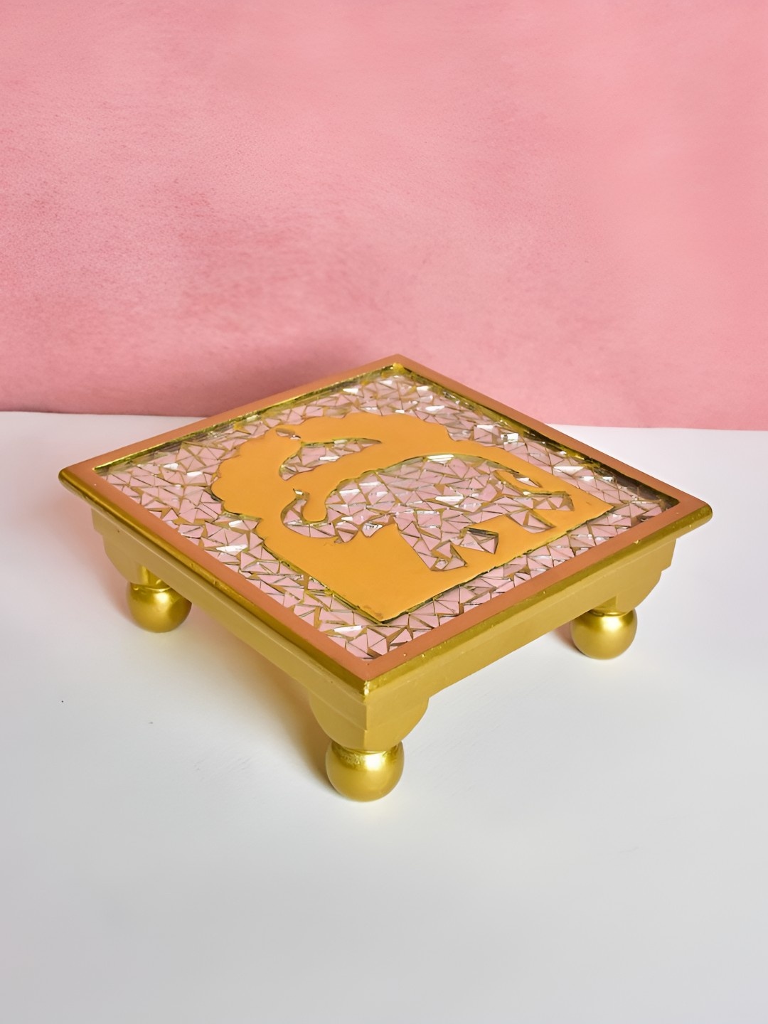 

THE HOME CO. Yellow & Pink Elephant Wooden Glossy Square Chowki