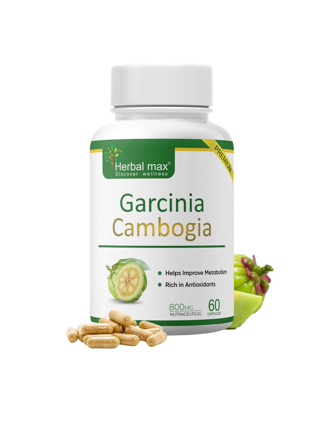 

Herbal max Garcinia Cambogia Natural Fat Burner - 800Mg 60 Capsules, Transparent