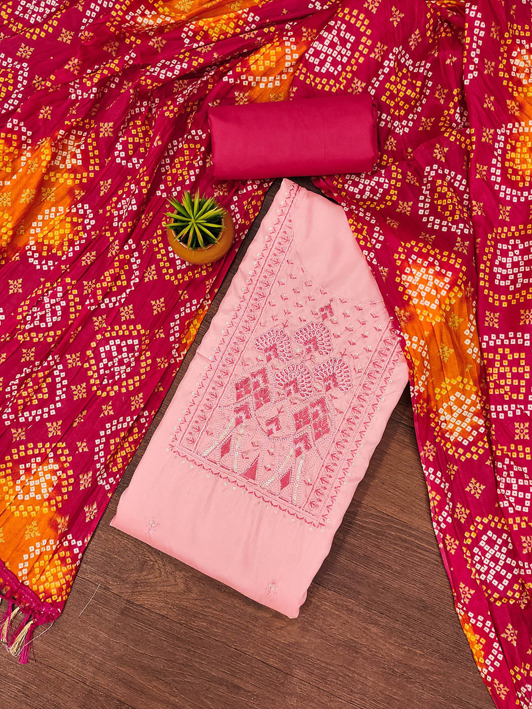 

MANVAA Floral Embellished Sequinned Unstitched Dress Material, Pink