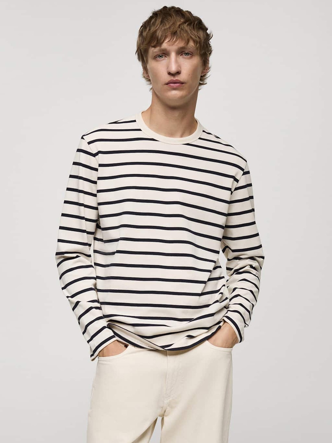 

MANGO MAN Striped Pure Cotton T-shirt, White