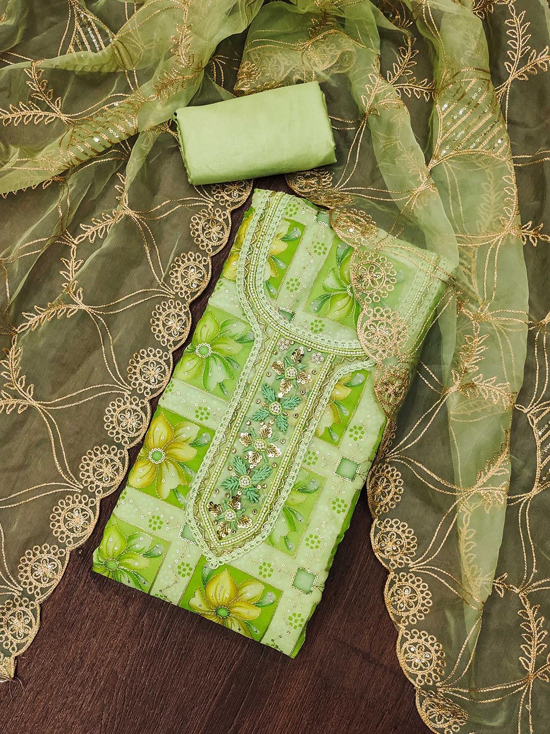 

MANVAA Floral Embellished Beads and Stones Organza Unstitched Dress Material, Green