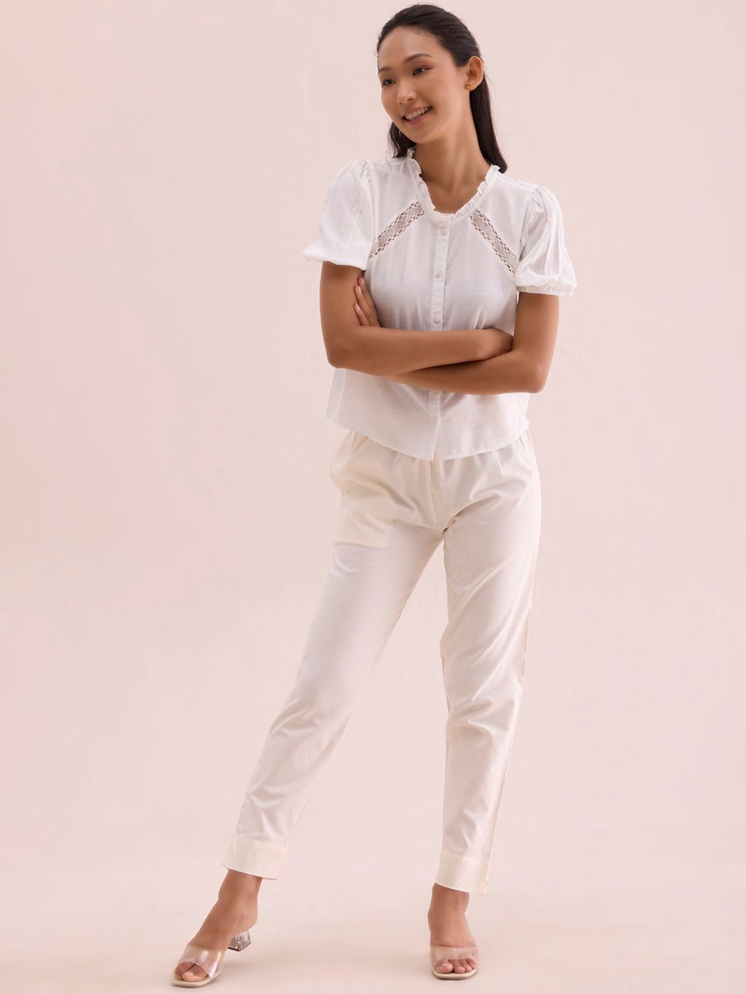 

IndianRang Women Relaxed Straight Leg Solid Mid-Rise Cotton Trousers, Cream