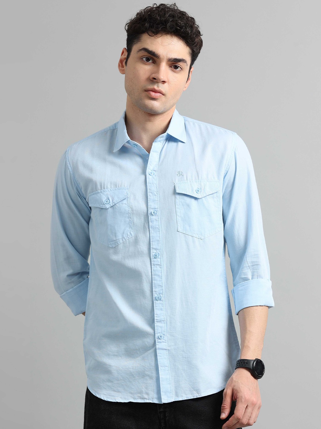 

SORATIA Men Spread Collar Solid Cotton Linen Casual Shirt, Blue