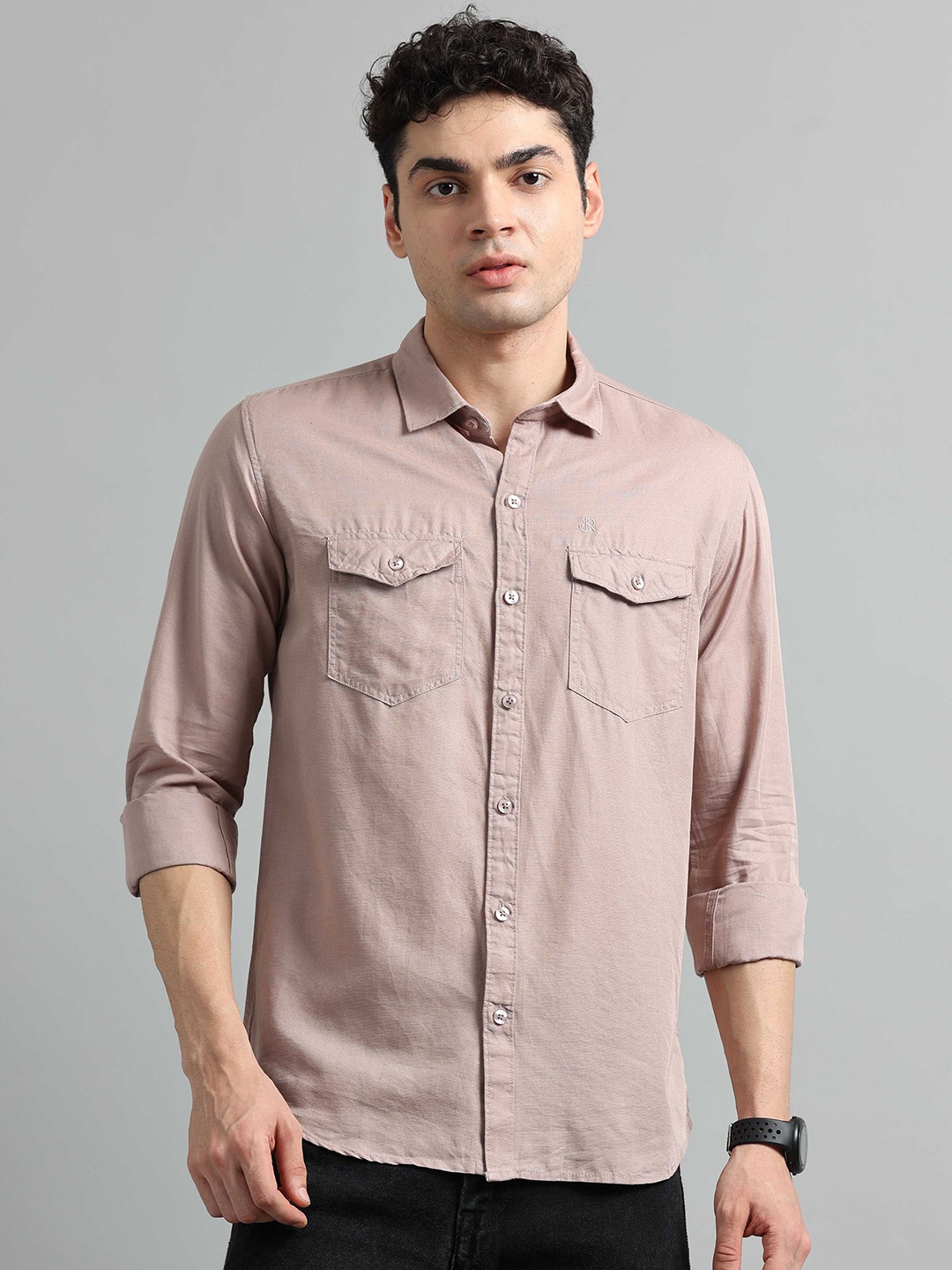 

SORATIA Men Spread Collar Solid Cotton Linen Casual Shirt, Brown