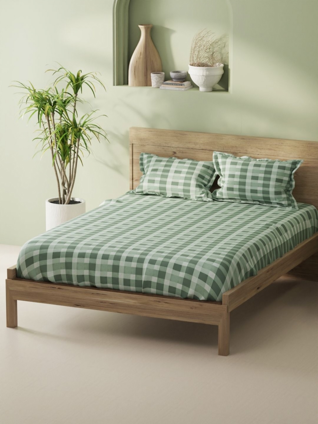 

BIANCA Aurellia Green & White Checked Cotton 144 TC King Fitted Bedsheet Set 1.98 x 1.83m