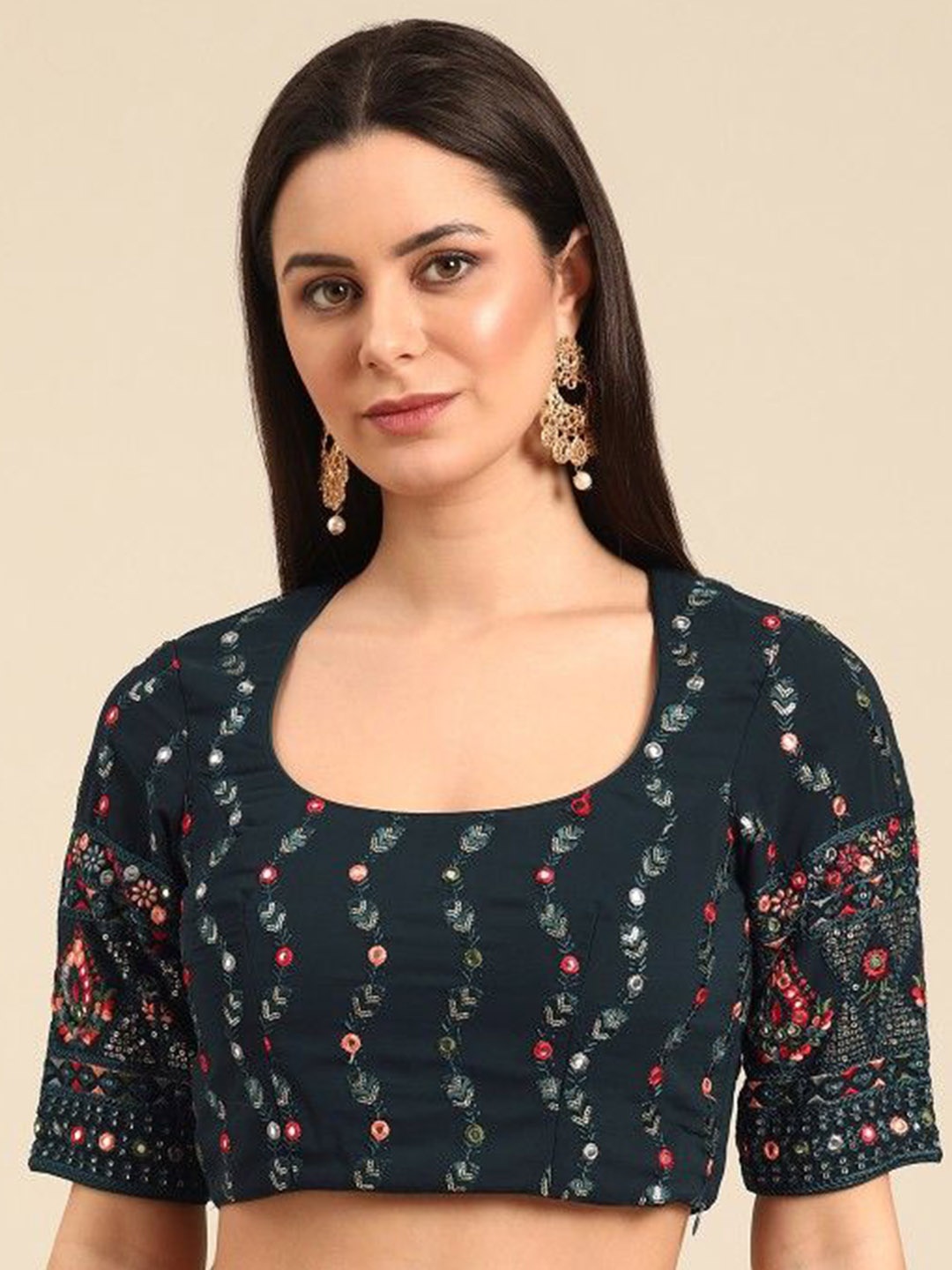 

Ethnovog Embroidered Mirror Work Saree Blouse, Green