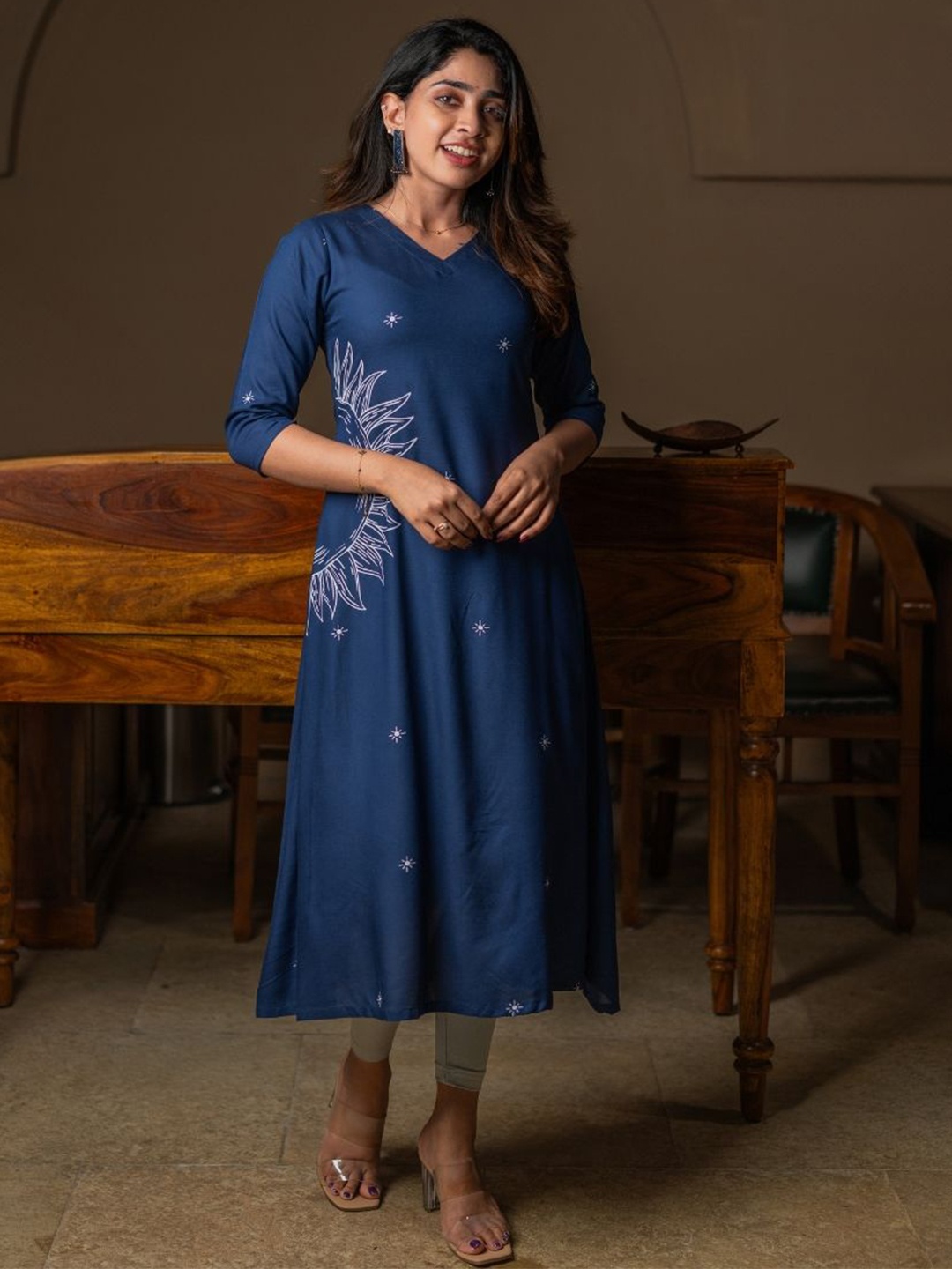 

HAY Floral Printed Liva Anarkali Kurta, Navy blue