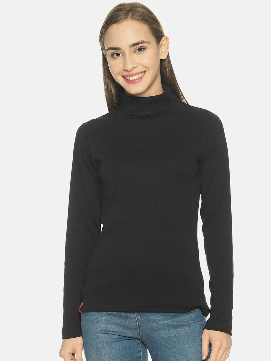 

FEMEA Women High Neck Long Sleeves Cotton Top, Black