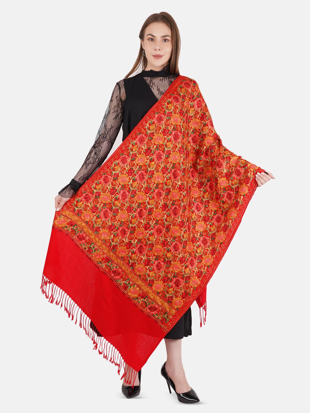 

MUFFLY Women Woollen Embroidered Stole, Red