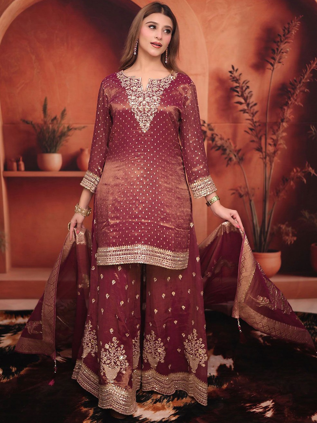 

ROOPKALA Women Ethnic Motifs Embroidered Regular Thread Work Kurta with Palazzos & With Dupatta, Maroon