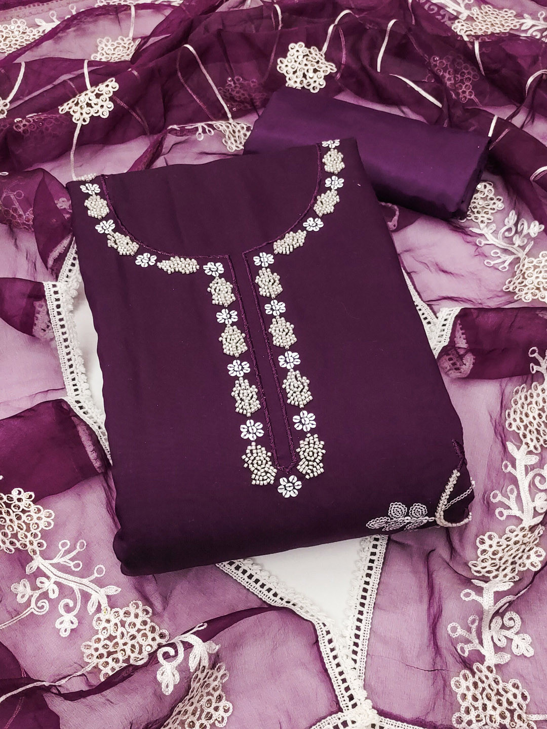 

MANVAA Floral Embellished Beads and Stones Unstitched Dress Material, Violet