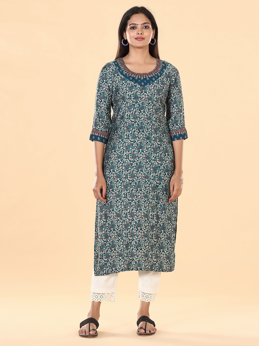 

Vismay Floral Printed Embroidered Zari Chanderi Silk Straight Kurta, Blue