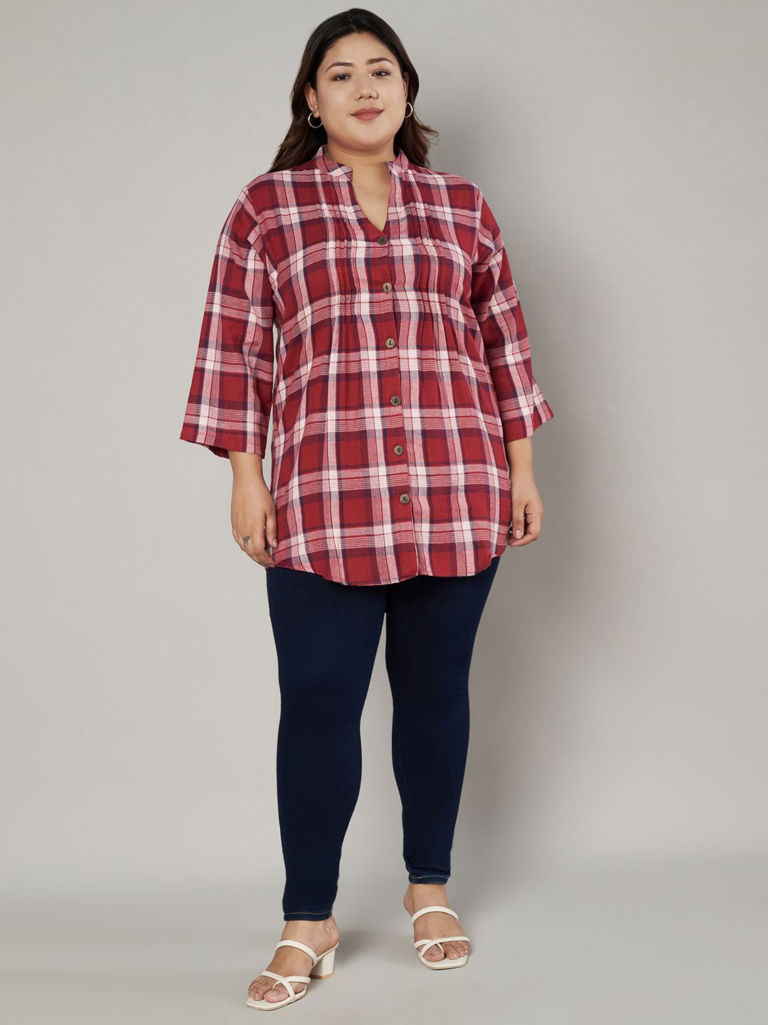 

VELDRESS Women Plus Size Checked Mandarin Collar Top, Red