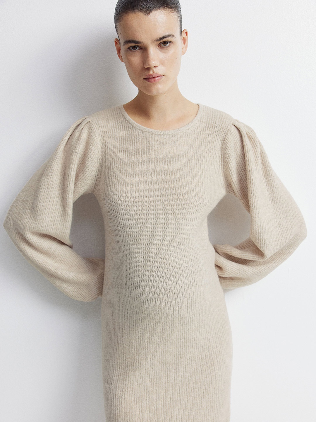 

H&M MAMA Balloon-Sleeved Rib-Knit Dresses, Beige