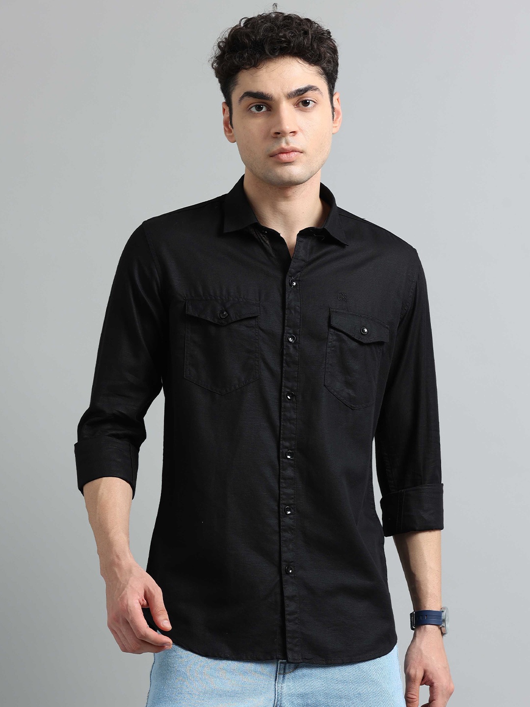 

SORATIA Men Spread Collar Solid Cotton Linen Casual Shirt, Black