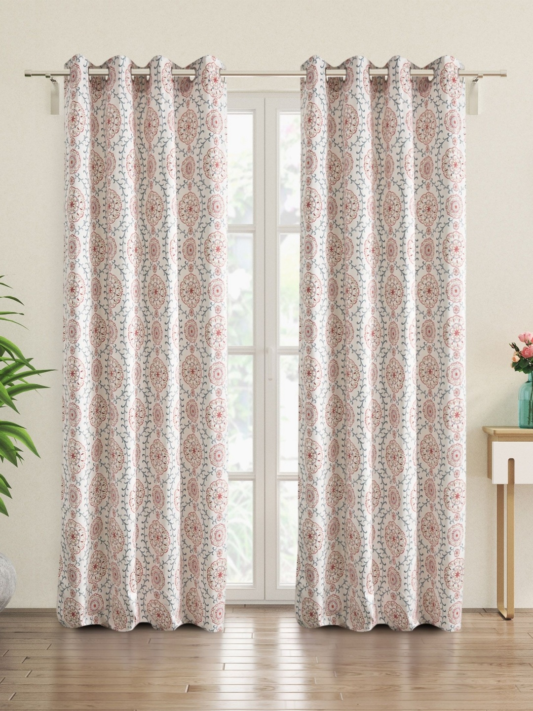 

Home Centre White & Red 2 Pieces Floral Door Curtains