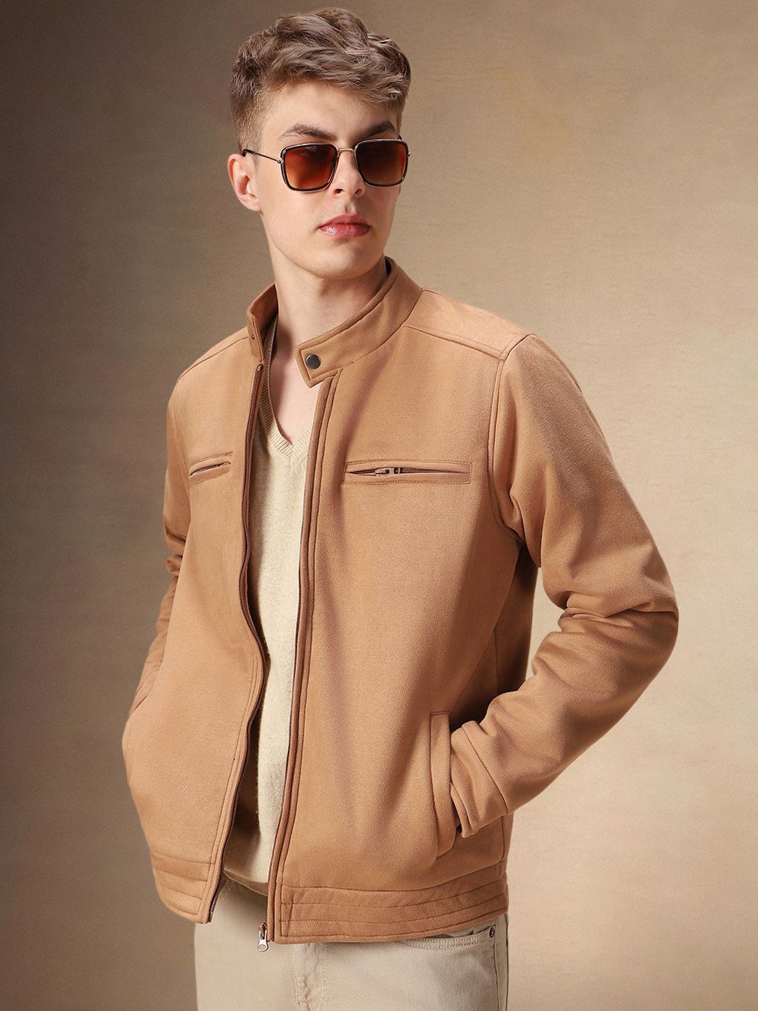 

Dennis Lingo Men Mandarin Collar Solid Casual Open Front Jacket, Beige