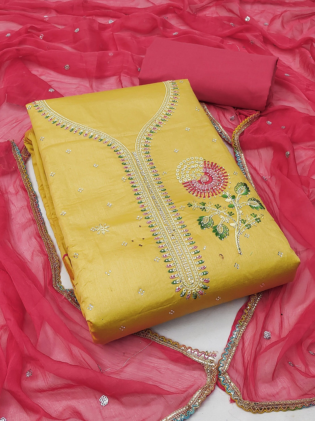 

MANVAA Floral Beads and Stones Embellished Unstitched Dress Material, Yellow