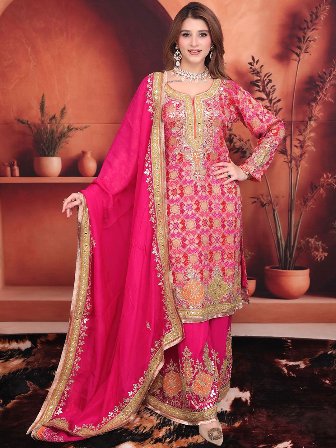 

ROOPKALA Women Floral Embroidered Regular Kurta with Palazzos & With Dupatta, Magenta