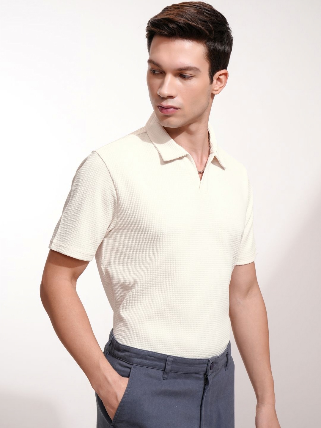 

HIGHLANDER Men Self Design Polo Collar Relaxed Fit T-shirt, Off white