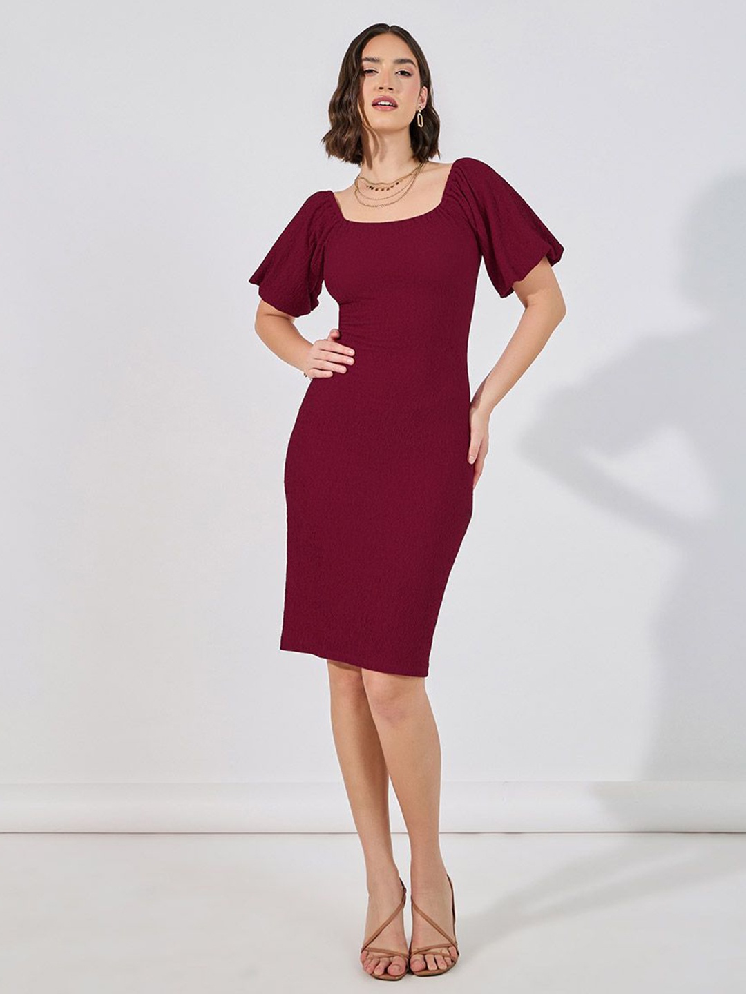 

Styli Women Puff Sleeves Square Neck Bodycon Knee-Length Dress, Maroon