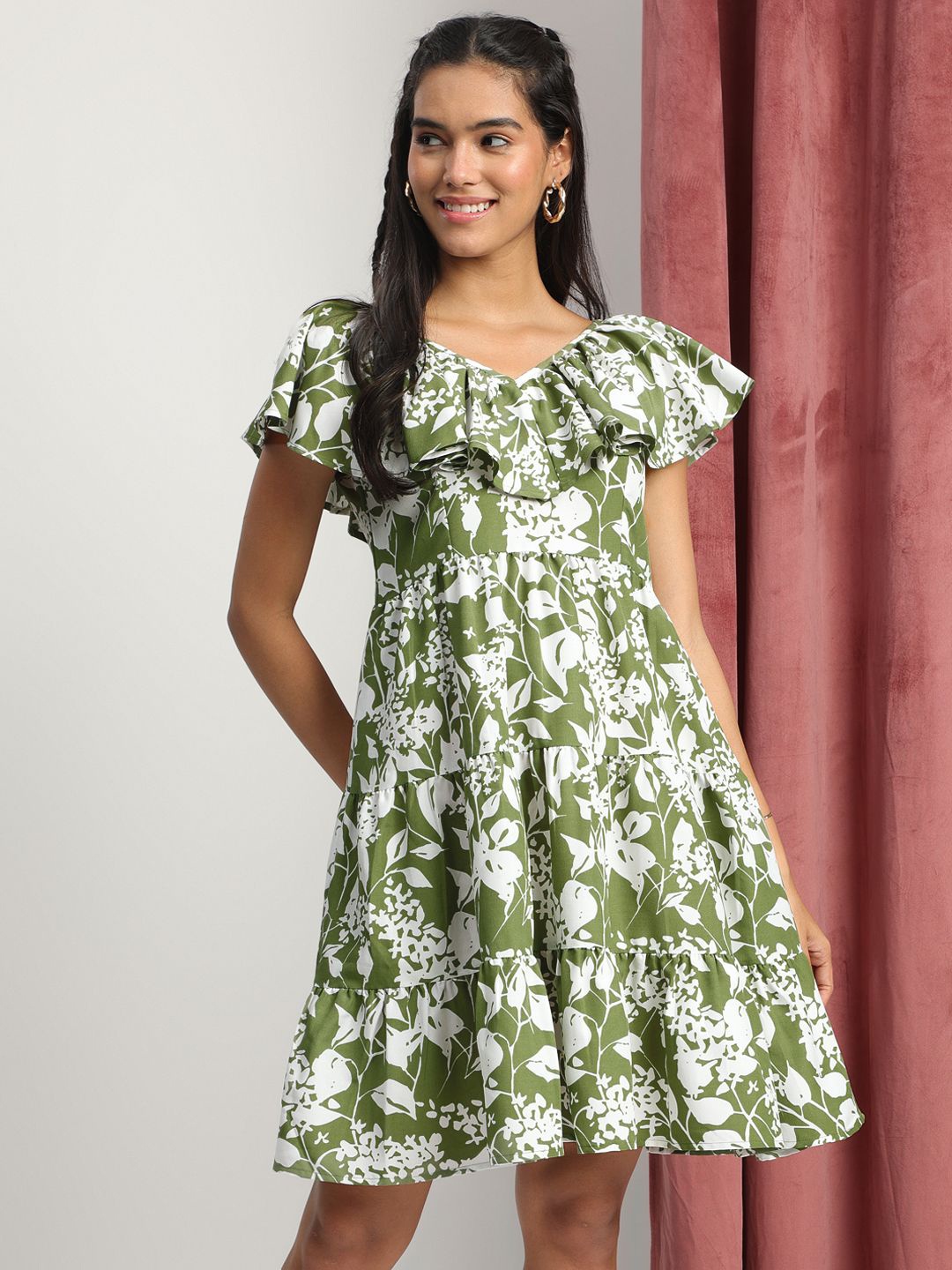 

J Turritopsis Women Floral Printed Fit & Flare Dress, Green