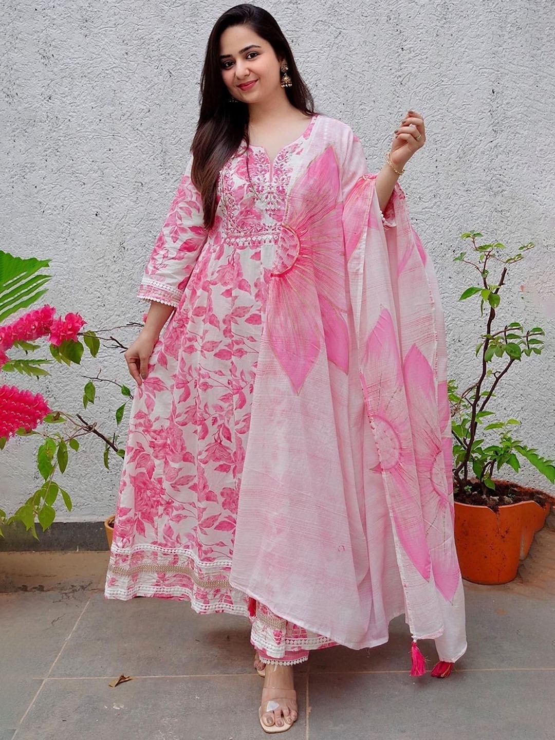 

Fabinn Women Floral Printed Angrakha Mirror Work Kurti with Trousers & With Dupatta, Pink