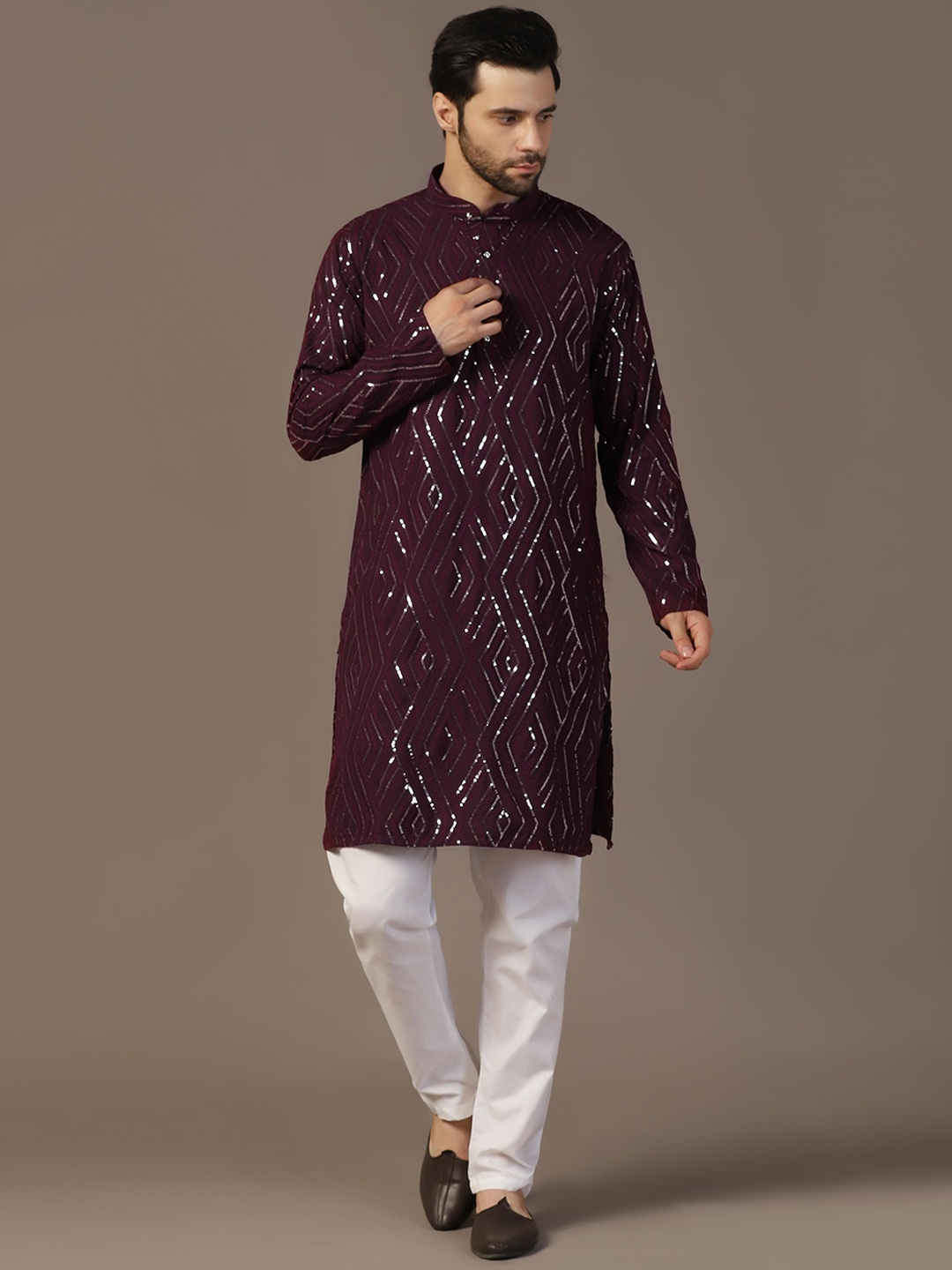 

ahhaaaa Floral Embroidered Band Collar Sequined Straight Kurta, Purple
