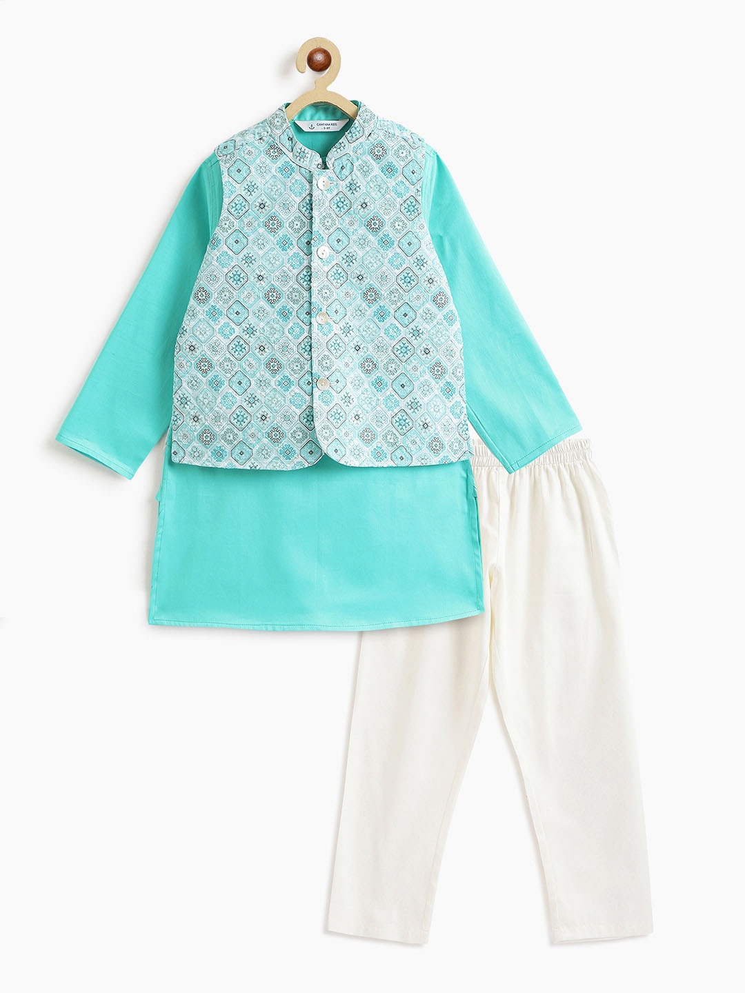 

Campana Boys Mandarin Collar Regular Sequinned Pure Cotton Straight Kurta with Pyjamas, Blue