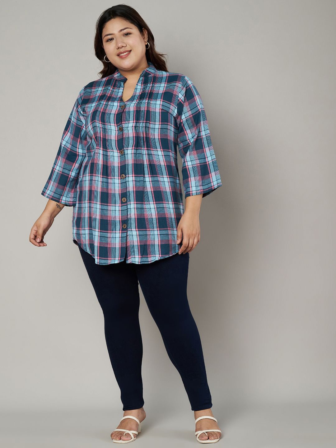 

VELDRESS Women Checked Printed Mandarin Collar Plus Size Top, Blue